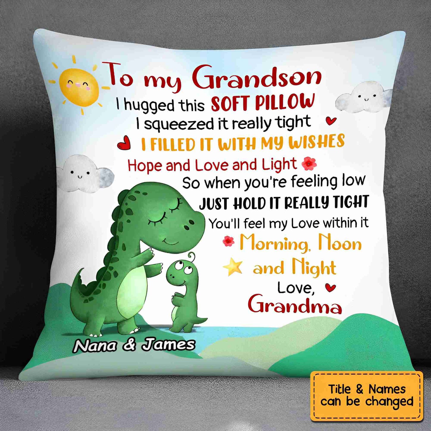 Personalized Dinosaur Pillow for Grandson: 'Hugged with Love from Grandma'