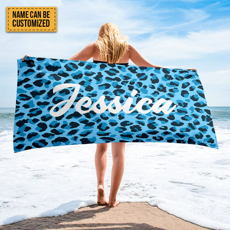 Personalized Blue Leopard Beach Towel - Custom Name Summer Accessory