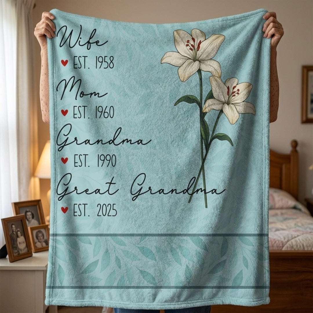 Personalized Birth Flower Blanket for Mom, Wife, Grandma with Est. Dates