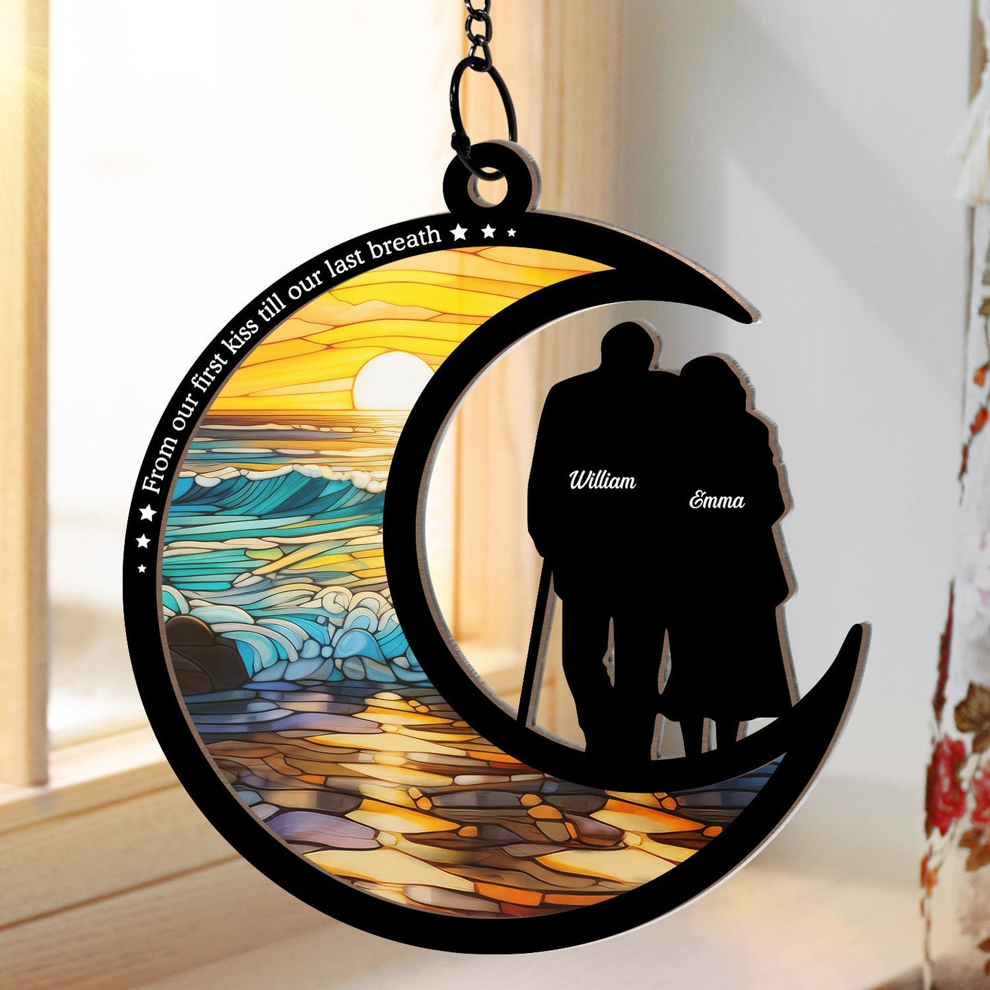 Personalized Couple Suncatcher: 'First Kiss Till Last Breath' Ornament