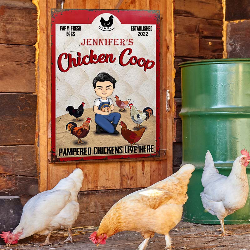 Personalized Chicken Coop Metal Sign: Pampered Chickens Live Here Farm Decor
