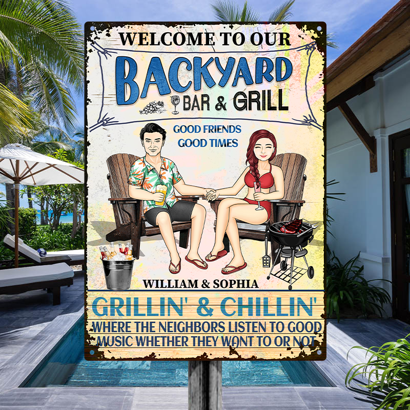 Personalized Couple's Backyard Bar & Grill Metal Sign - Grillin' & Chillin'