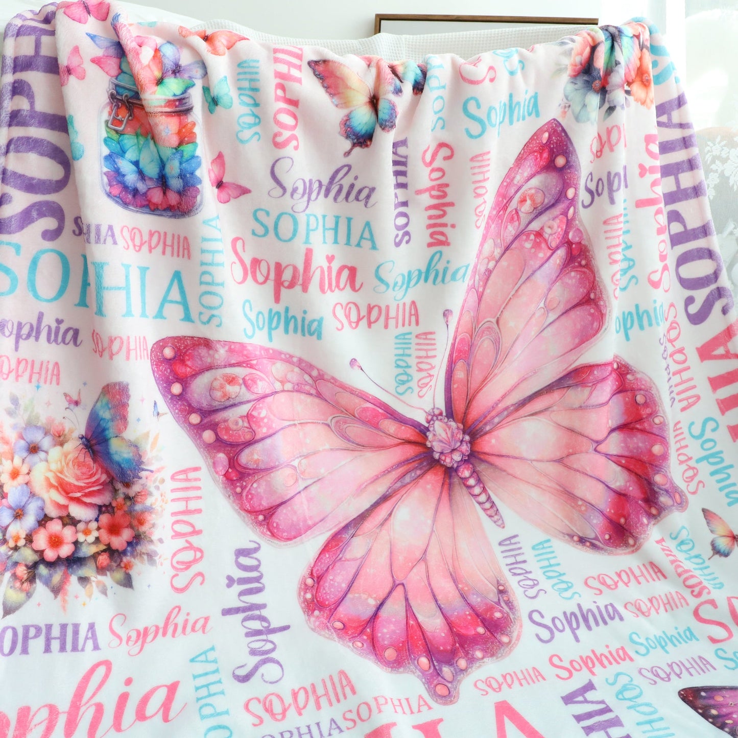 Personalized Colorful Butterfly-Themed Blanket with Name - Perfect Gift for Kids