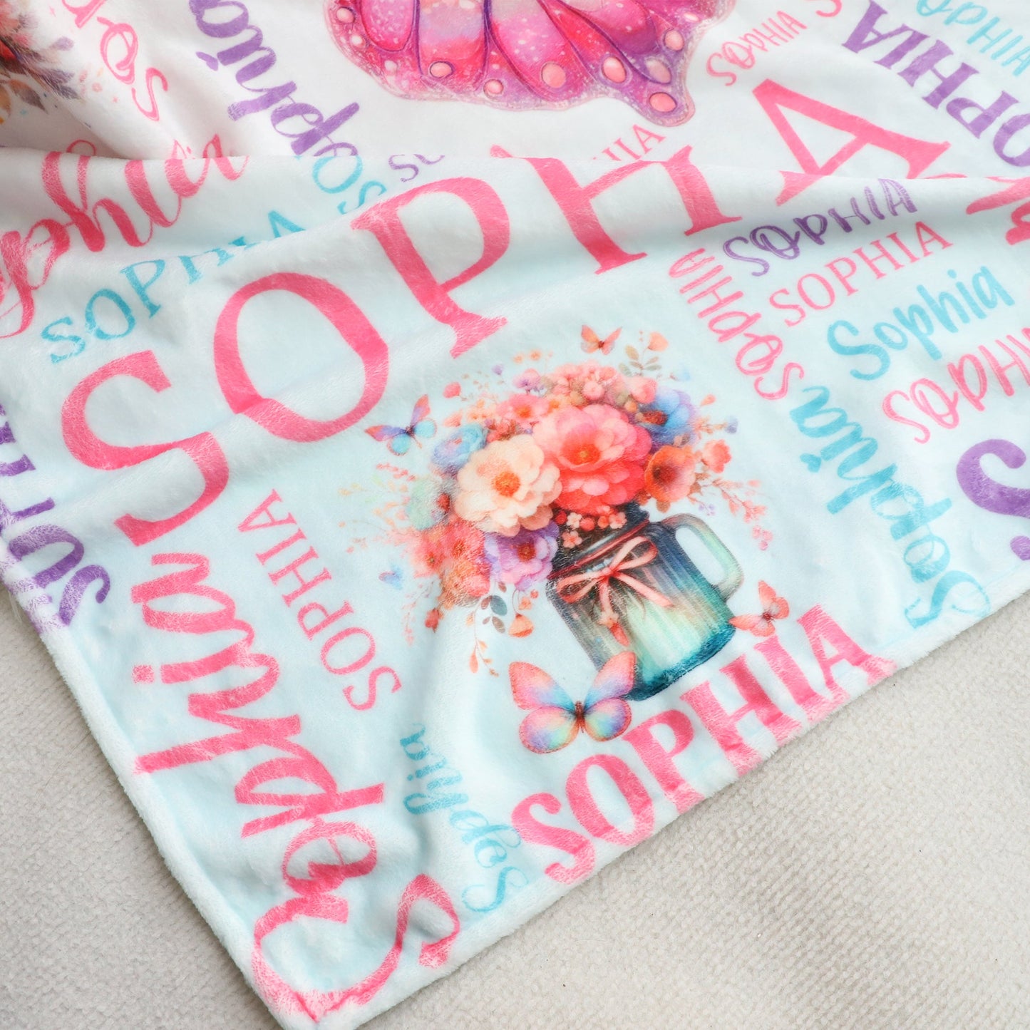 Personalized Colorful Butterfly-Themed Blanket with Name - Perfect Gift for Kids