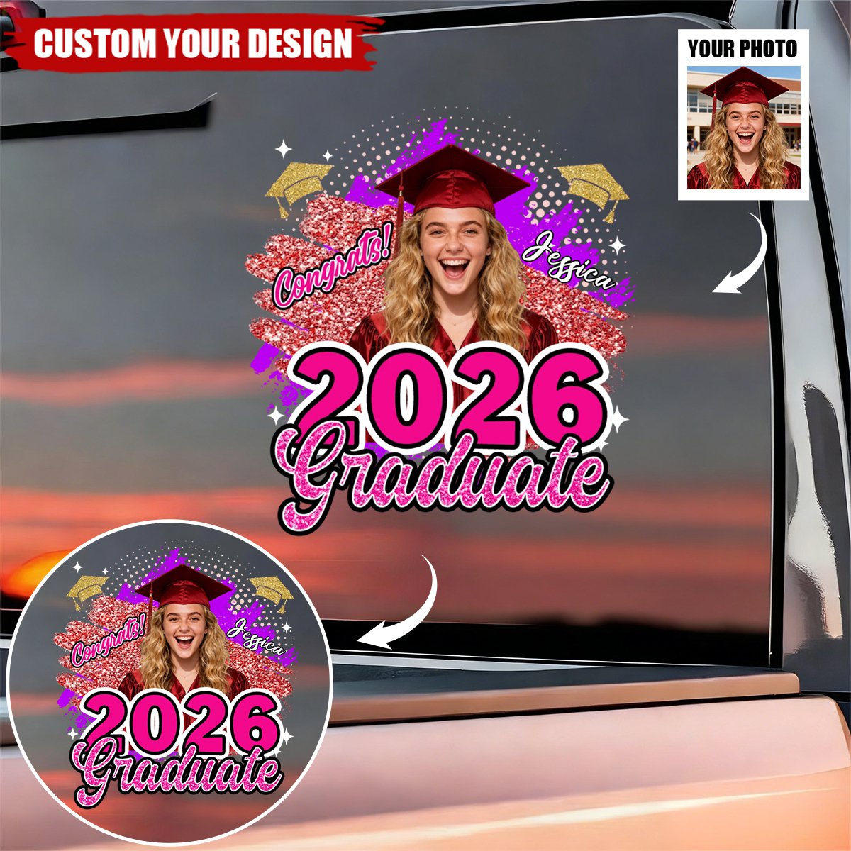Personalized Graduation Car Window Decal - Class of 2026 Custom Photo Sticker