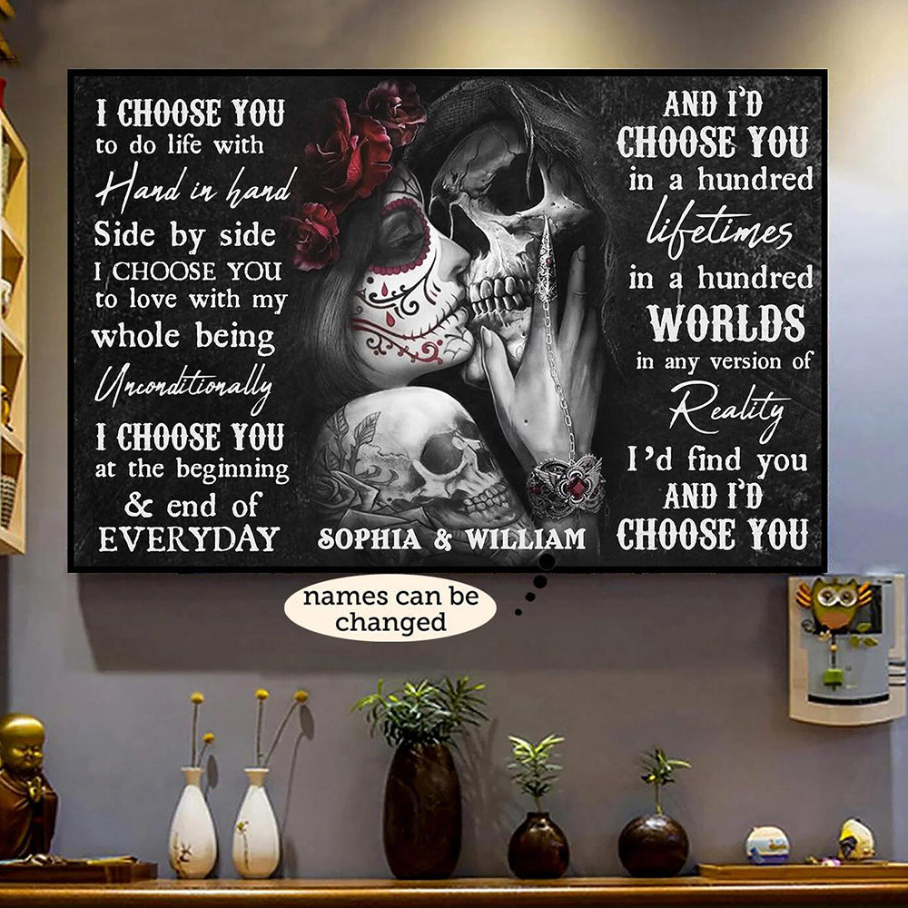 Personalized Sugar Skull Canvas: 'I Choose You' Eternal Love Art for Couples