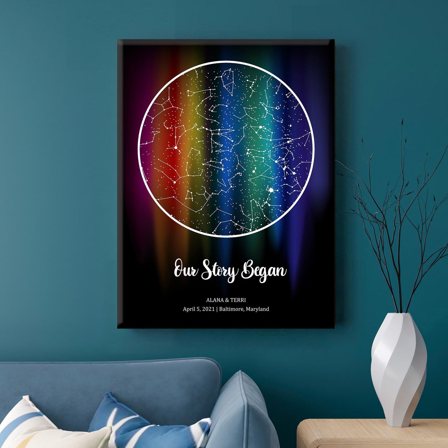 Custom "Our Story Began" Rainbow Star Map Canvas - Personalized Couples Gift
