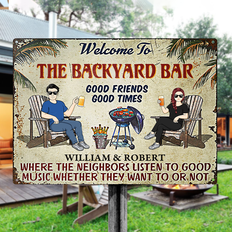 Personalized Backyard Bar Metal Sign for Couples | Good Friends, Good Times