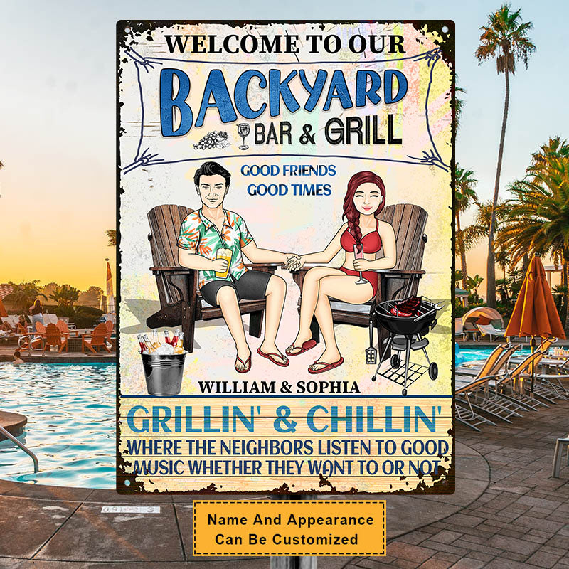Personalized Couple's Backyard Bar & Grill Metal Sign - Grillin' & Chillin'