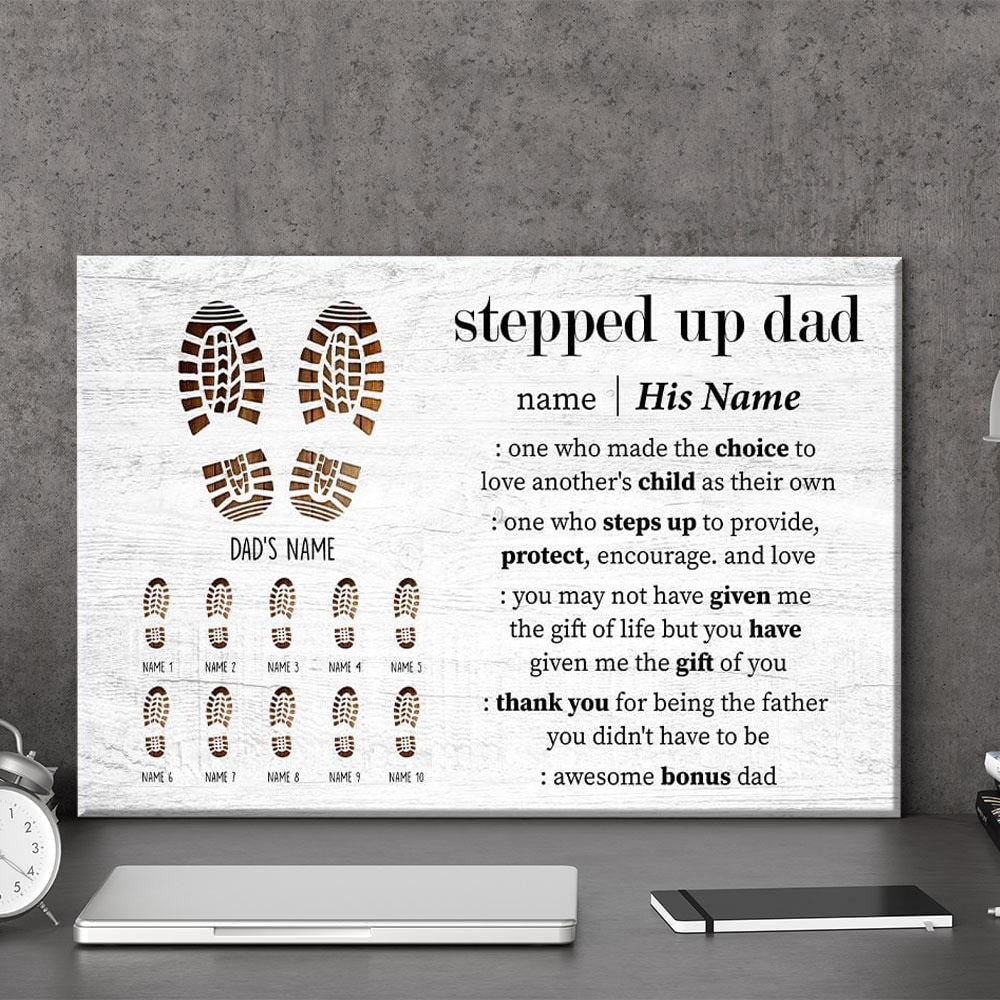 Personalized 'Stepped Up Dad' Canvas - Custom Footprints & Names Gift