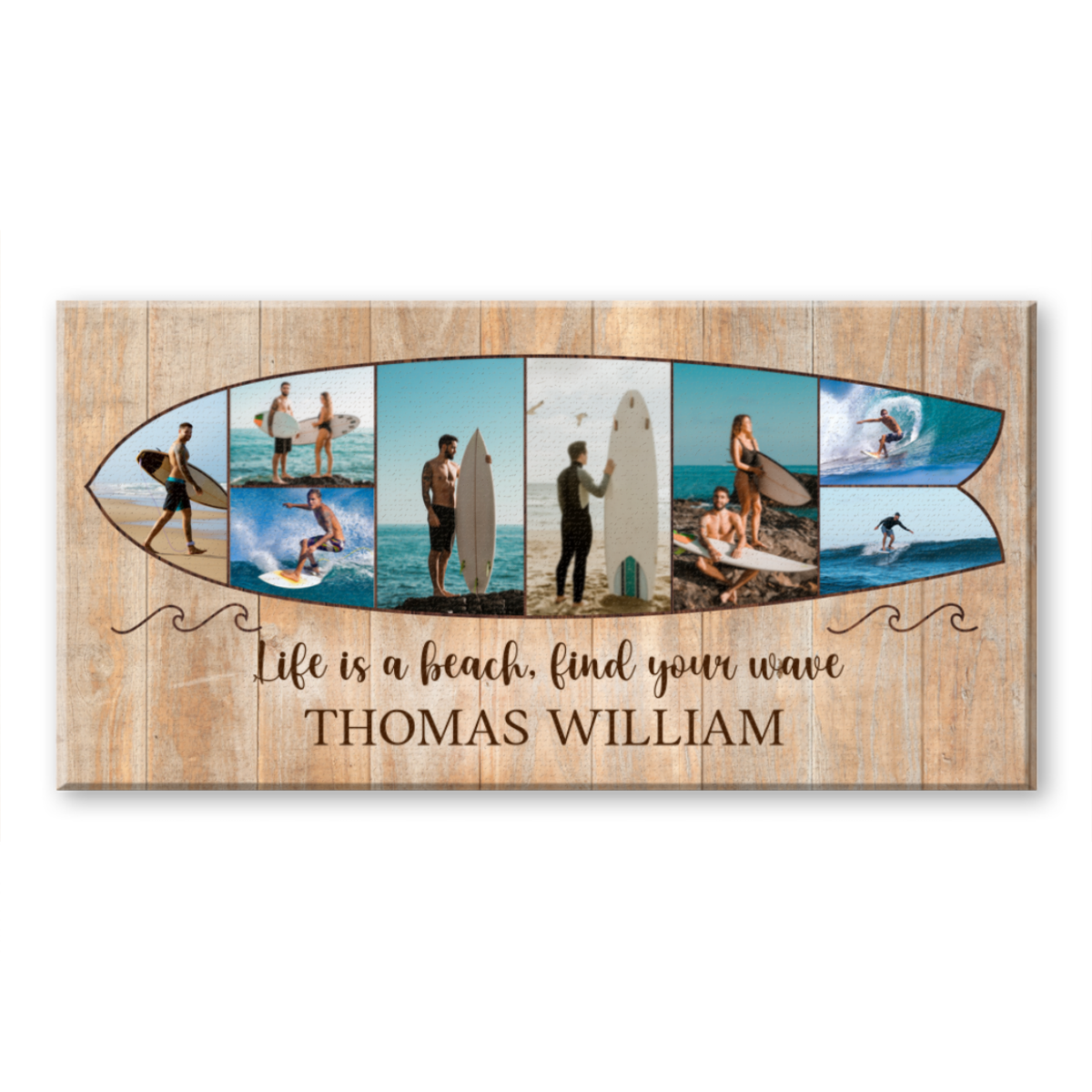 Personalized Surfboard Photo Canvas: 'Life is a Beach, Find Your Wave' Wall Art