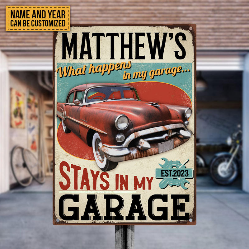 What Happens In My Garage Stays In My Garage - Personalized Custom Classic Metal Signs