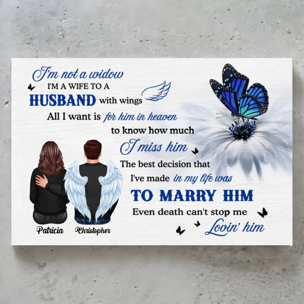Personalized Memorial For Loved One Canvas: "I'm Not A Widow" Husband with Wings Art
