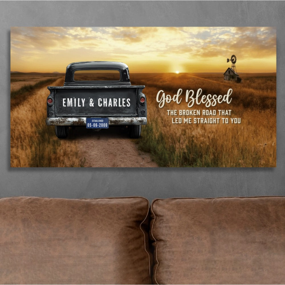 Personalized Couples Canvas: God Blessed The Broken Road That Led Me Straight To You
