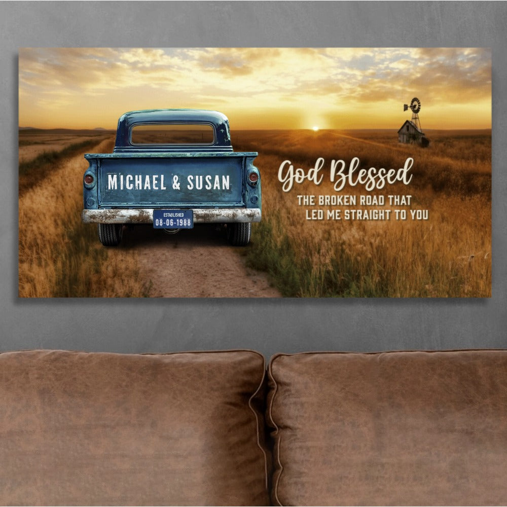Personalized Couples Canvas: God Blessed The Broken Road That Led Me Straight To You