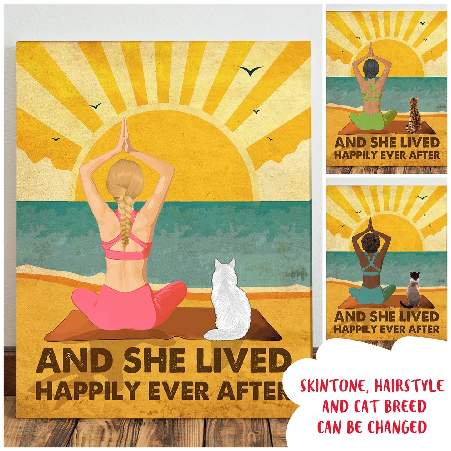 Personalized Cat Yoga Canvas: "Happily Ever After" Wall Art for Her