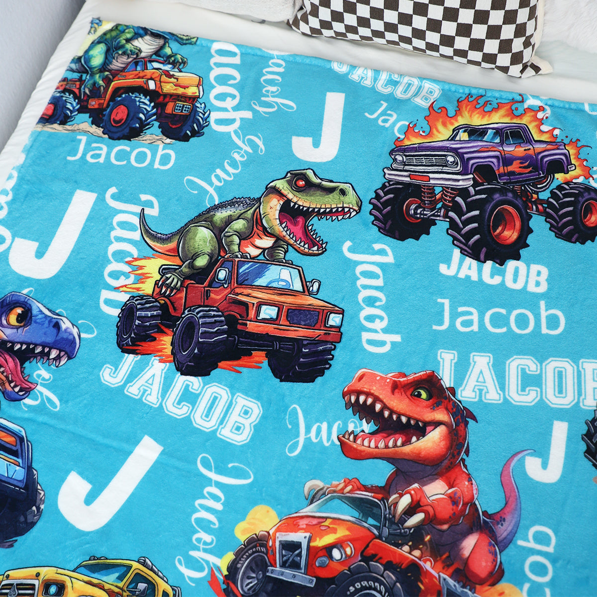 Custom Cartoon Monster Truck & Dinosaur Name Blanket - Kids Gift