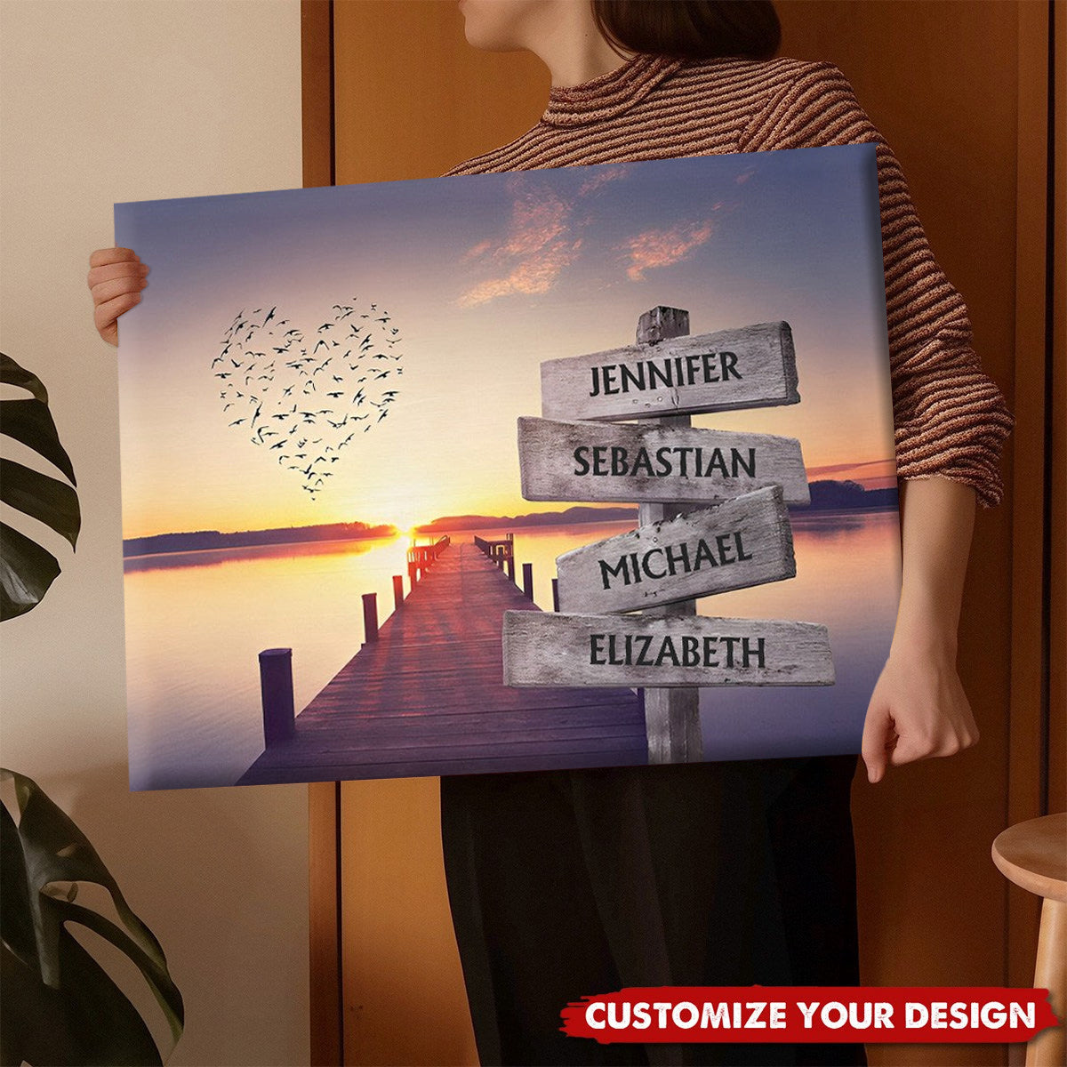 Personalized Family Heart Sunset Pier Canvas - Custom Name Wall Art