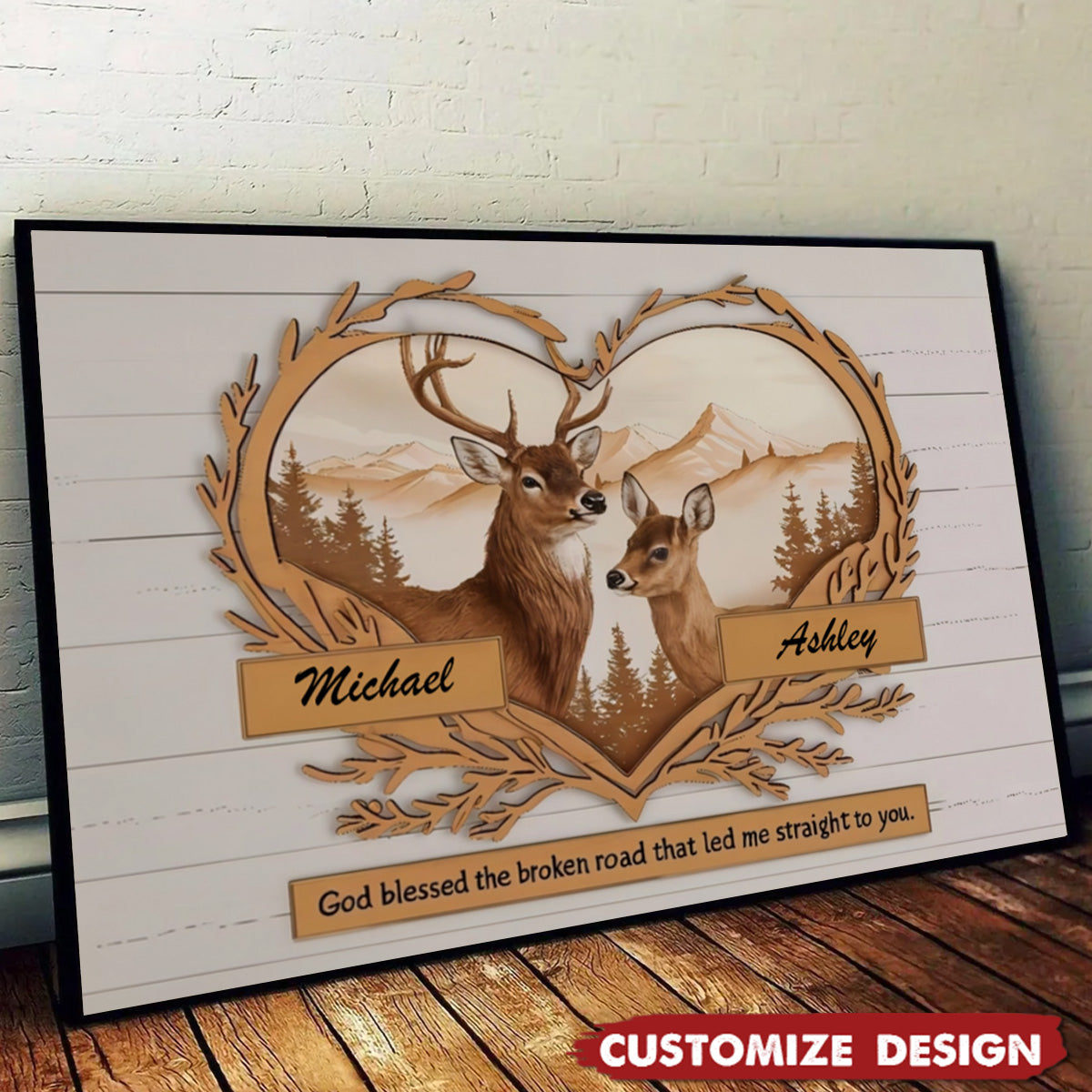 Heartfelt Personalized Canvas / Poster for Couples - 'God Blessed the Broken Road' Deer Art