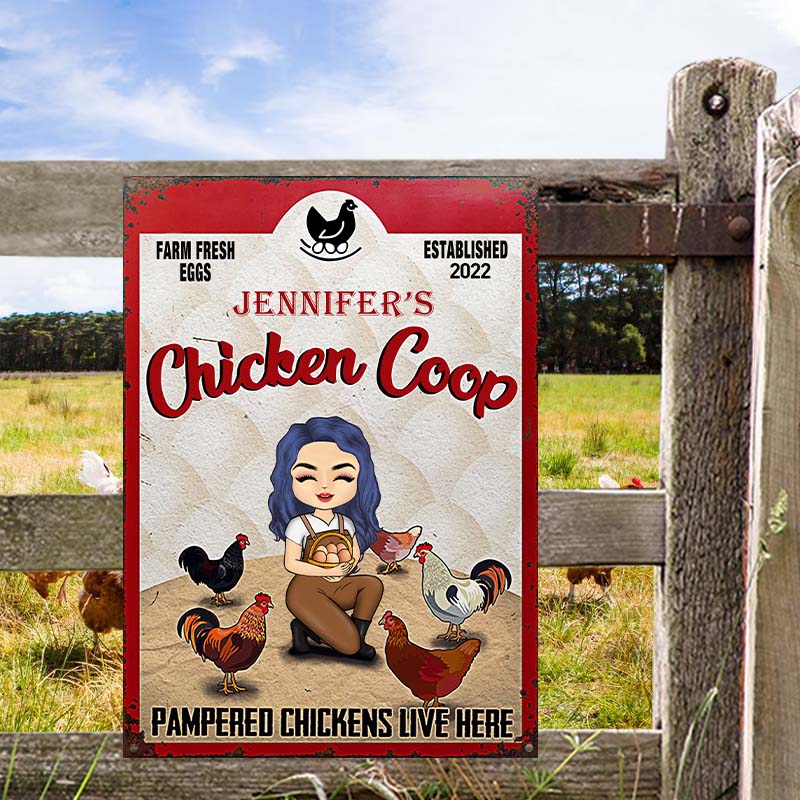Personalized Chicken Coop Metal Sign: Pampered Chickens Live Here Farm Decor