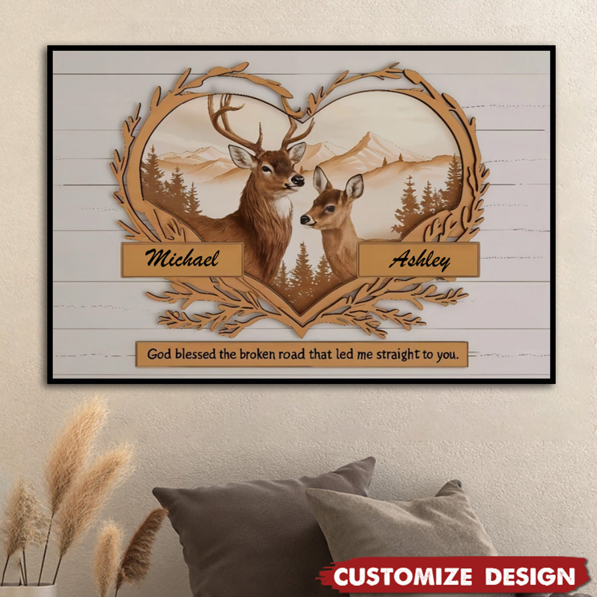 Heartfelt Personalized Canvas / Poster for Couples - 'God Blessed the Broken Road' Deer Art