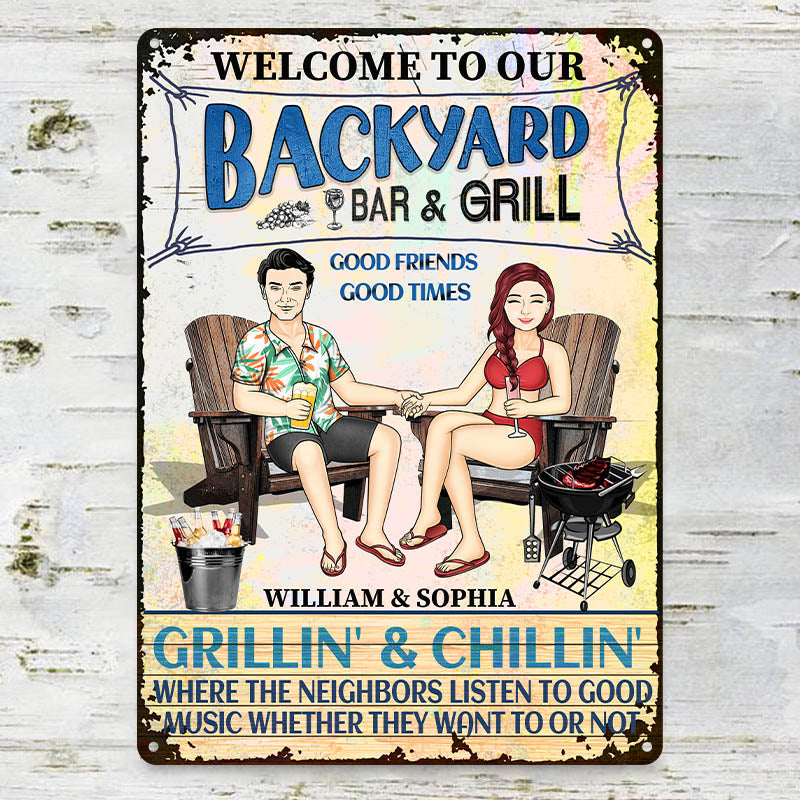 Personalized Couple's Backyard Bar & Grill Metal Sign - Grillin' & Chillin'