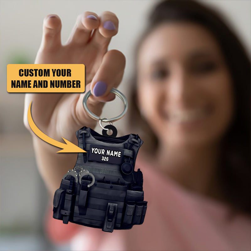 Personalized Police Vest Keychain: Custom Name & Number Hero Tribute