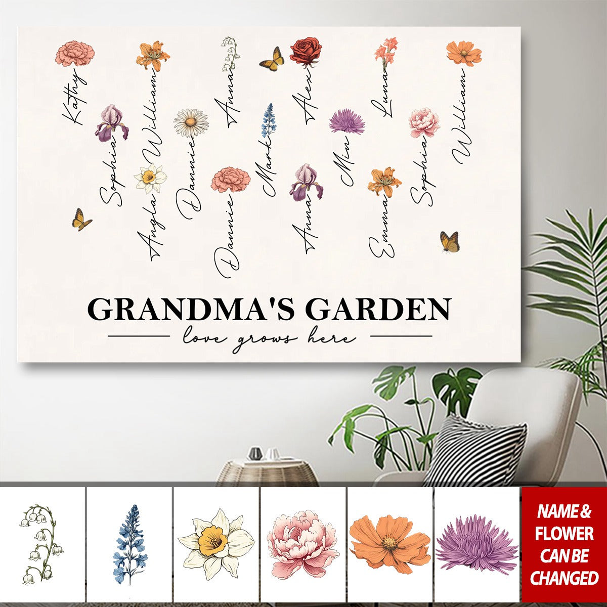 Personalized 'Love Grows Here' Grandparents' Garden Birth Month Canvas