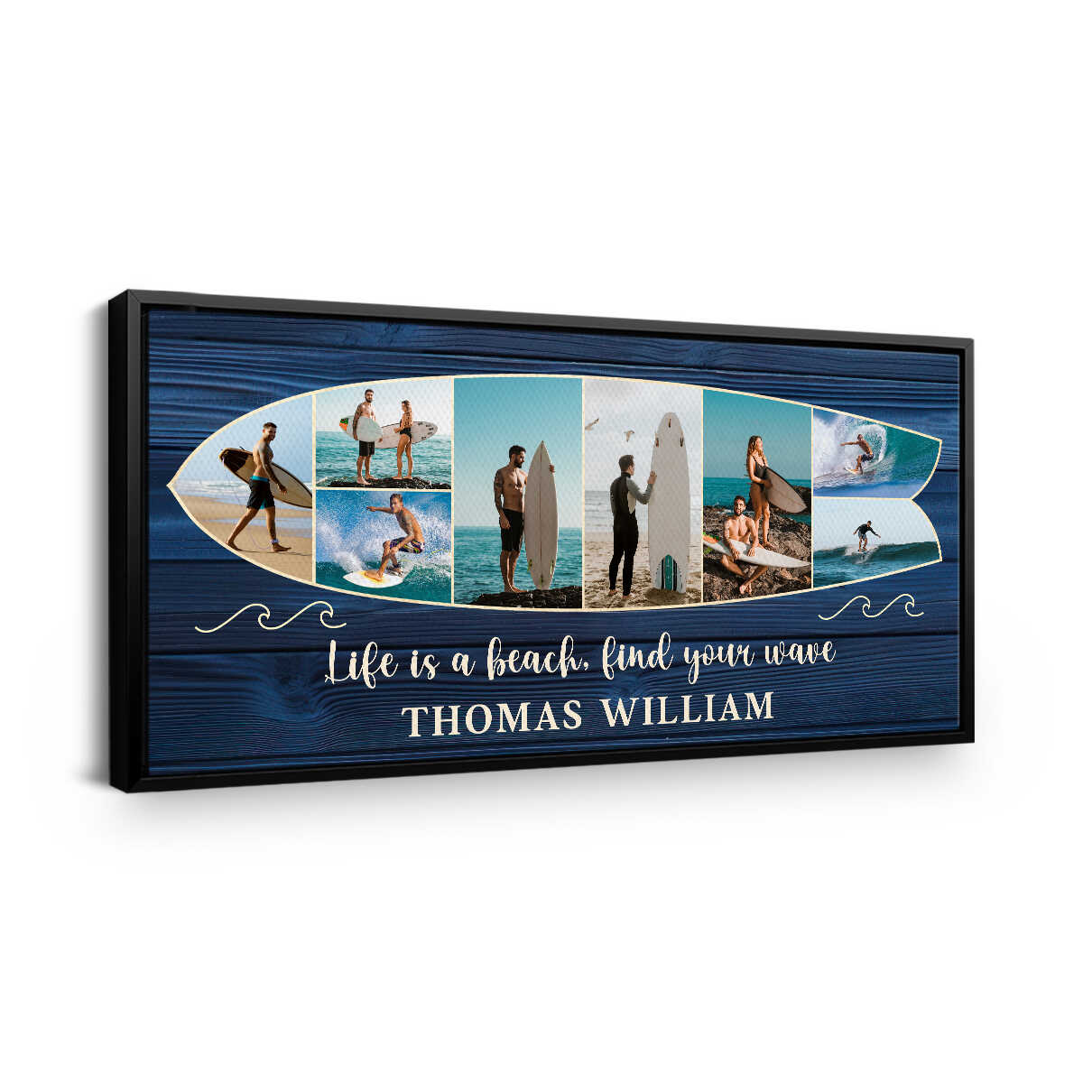 Personalized Surfboard Photo Canvas: 'Life is a Beach, Find Your Wave' Wall Art