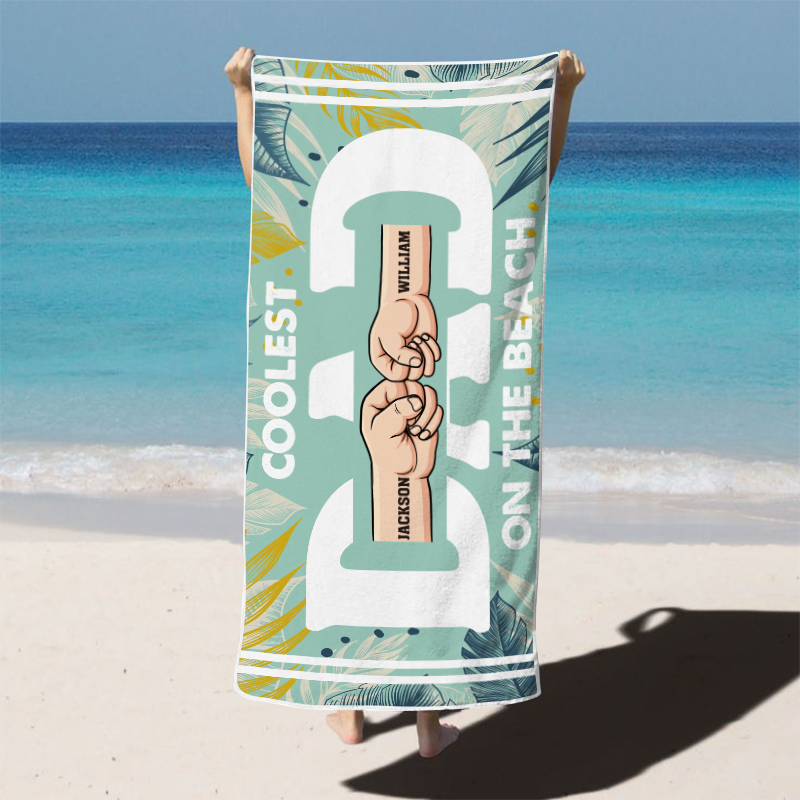 Personalized "Coolest DAD On The Beach" Fist Bump Beach Towel Gift.