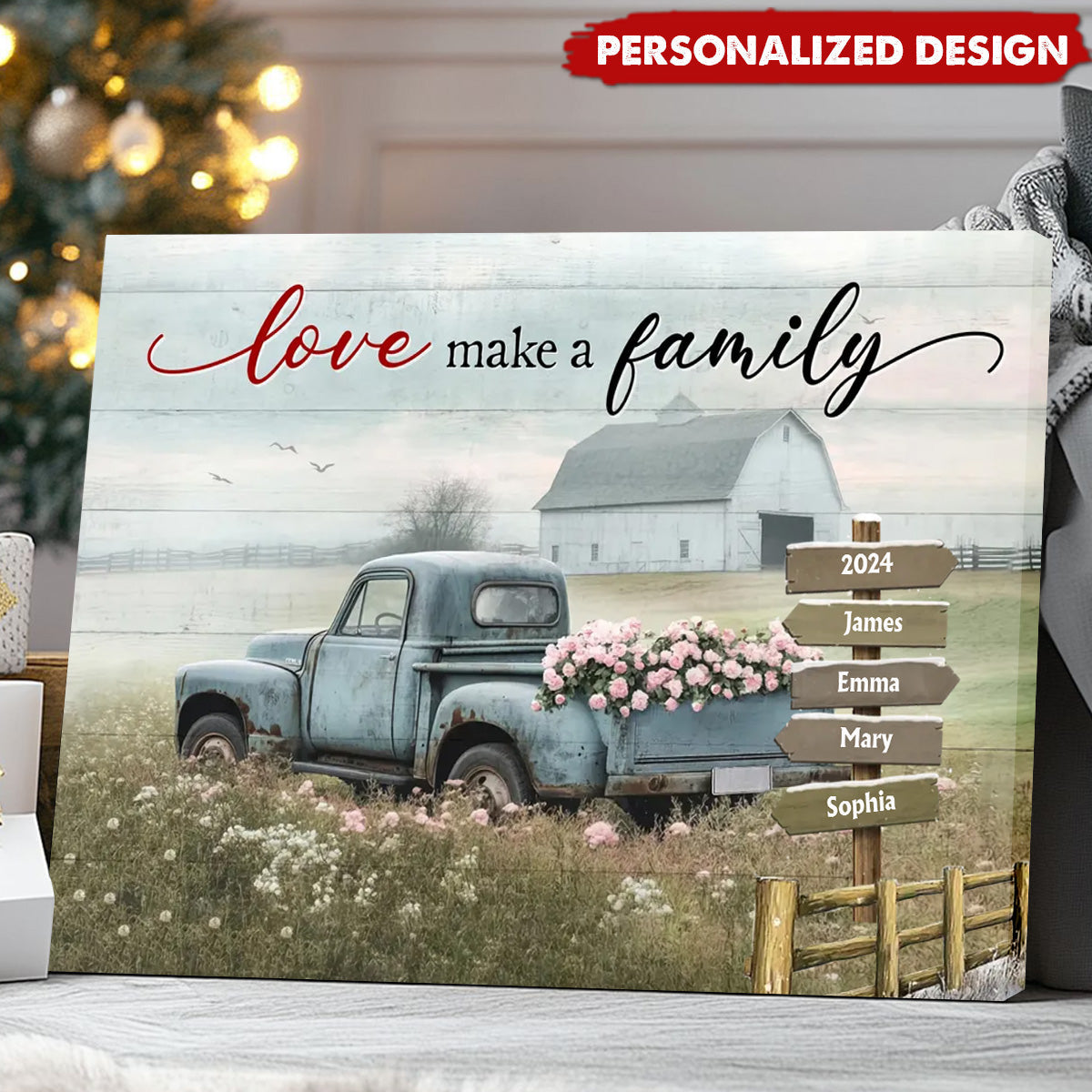 Heartfelt Personalized Family Canvas / Poster: 'Love Makes a Family' Rustic Wall Art
