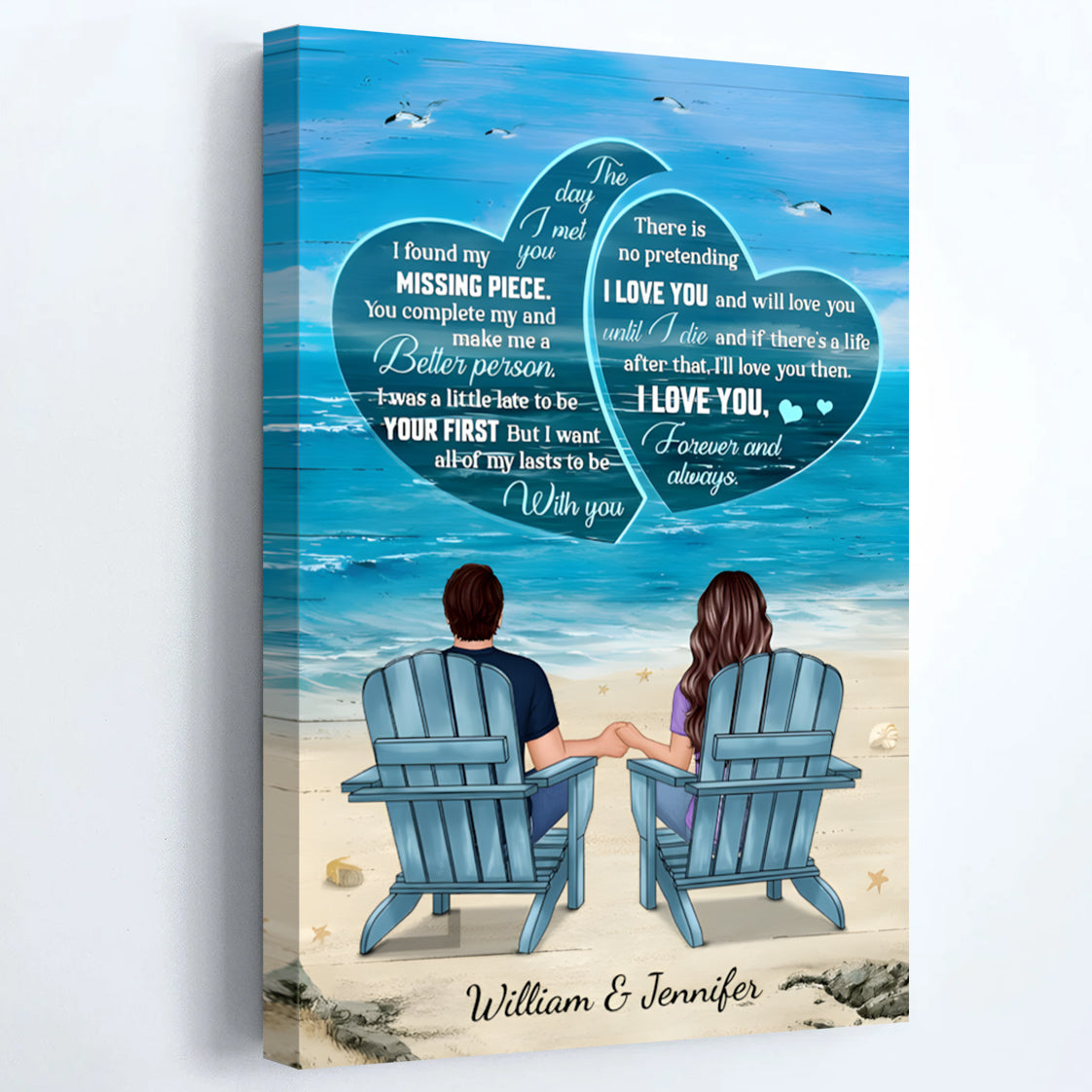 Personalized Couple Canvas: 'Missing Piece, I Love You Forever' Beach Art Gift