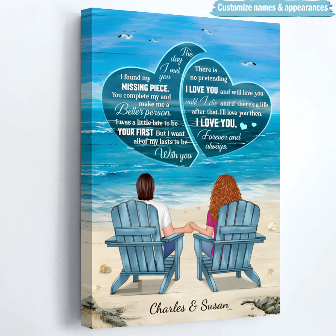 Personalized Couple Canvas: 'Missing Piece, I Love You Forever' Beach Art Gift