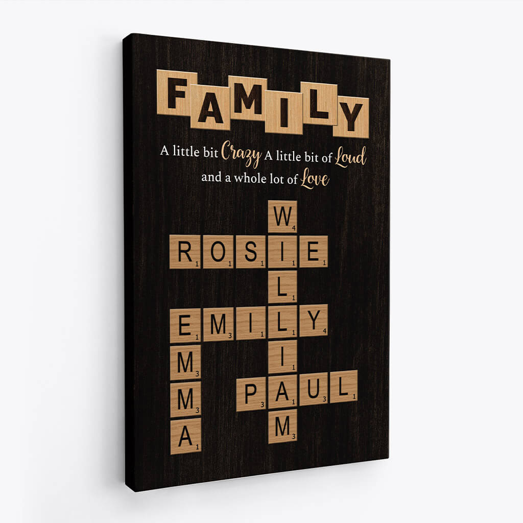 Heartfelt Custom Family Canvas: "Crazy, Loud & Love" Scrabble Wall Art Gift