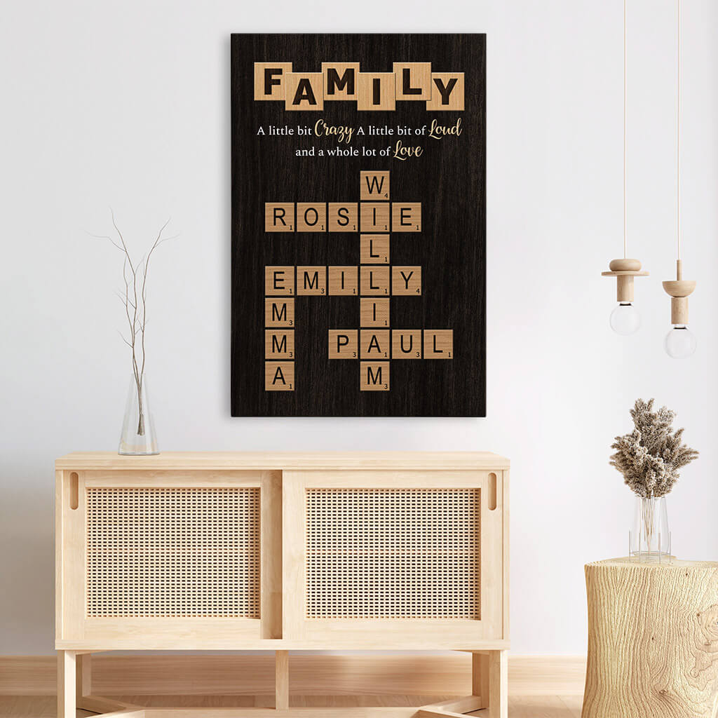Heartfelt Custom Family Canvas: "Crazy, Loud & Love" Scrabble Wall Art Gift