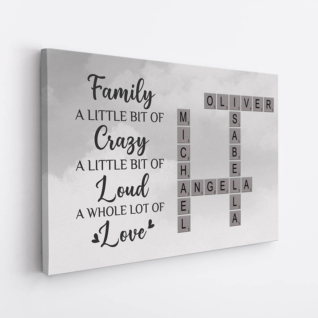 Personalized Family Crossword Canvas / Poster: 'Crazy, Loud, Love' Custom Art