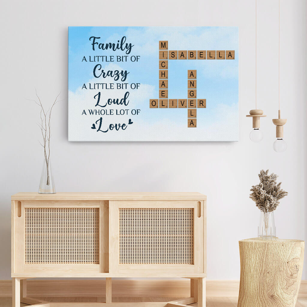 Personalized Family Crossword Canvas / Poster: 'Crazy, Loud, Love' Custom Art