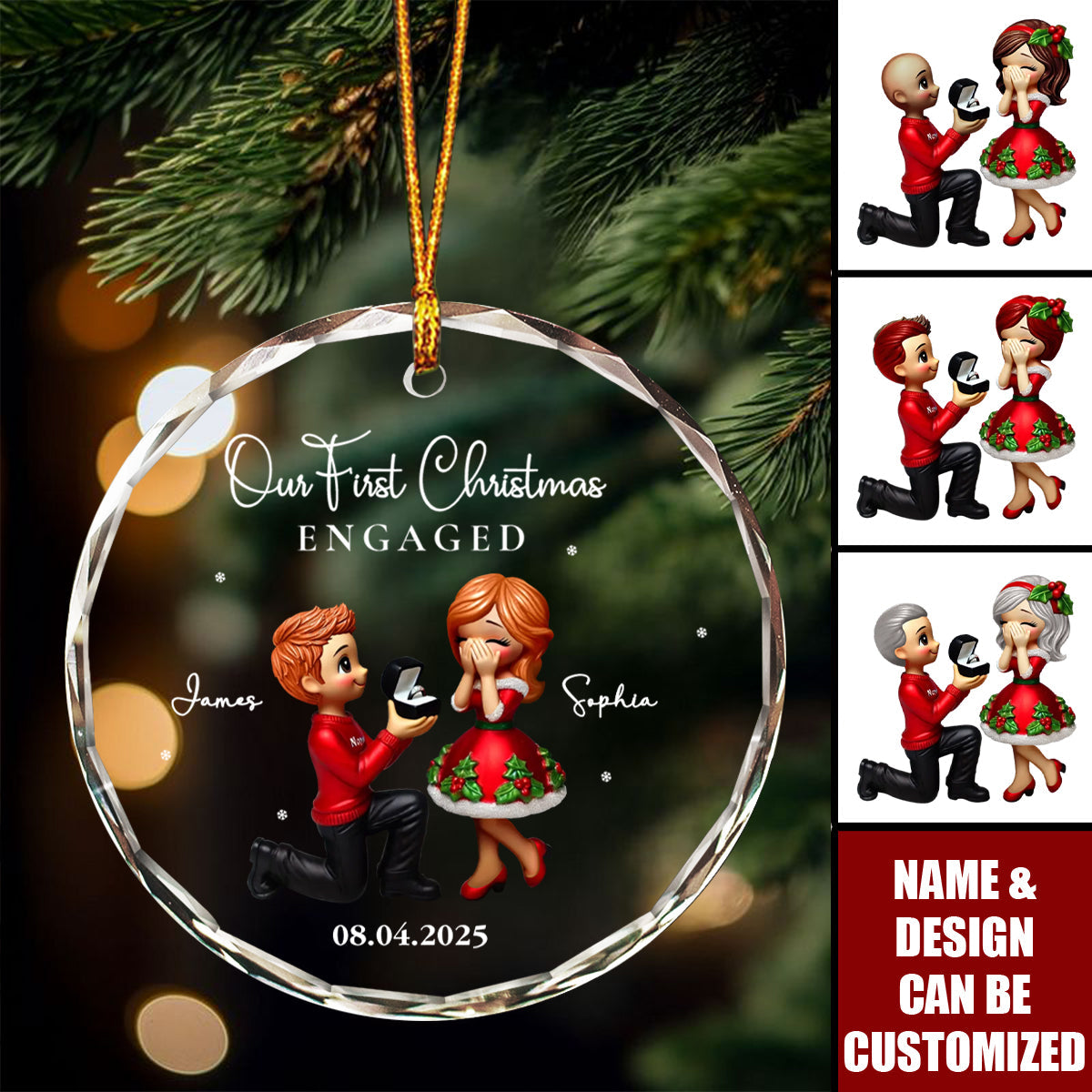 Customizable ‘Our First Christmas Engaged’ Ornament - Personalize Names & Date