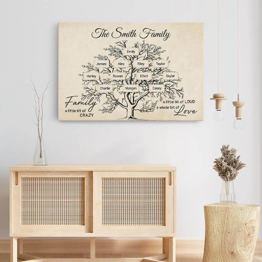 Personalized Family Tree Canvas Art: "Crazy, Loud, Love" Custom Gift