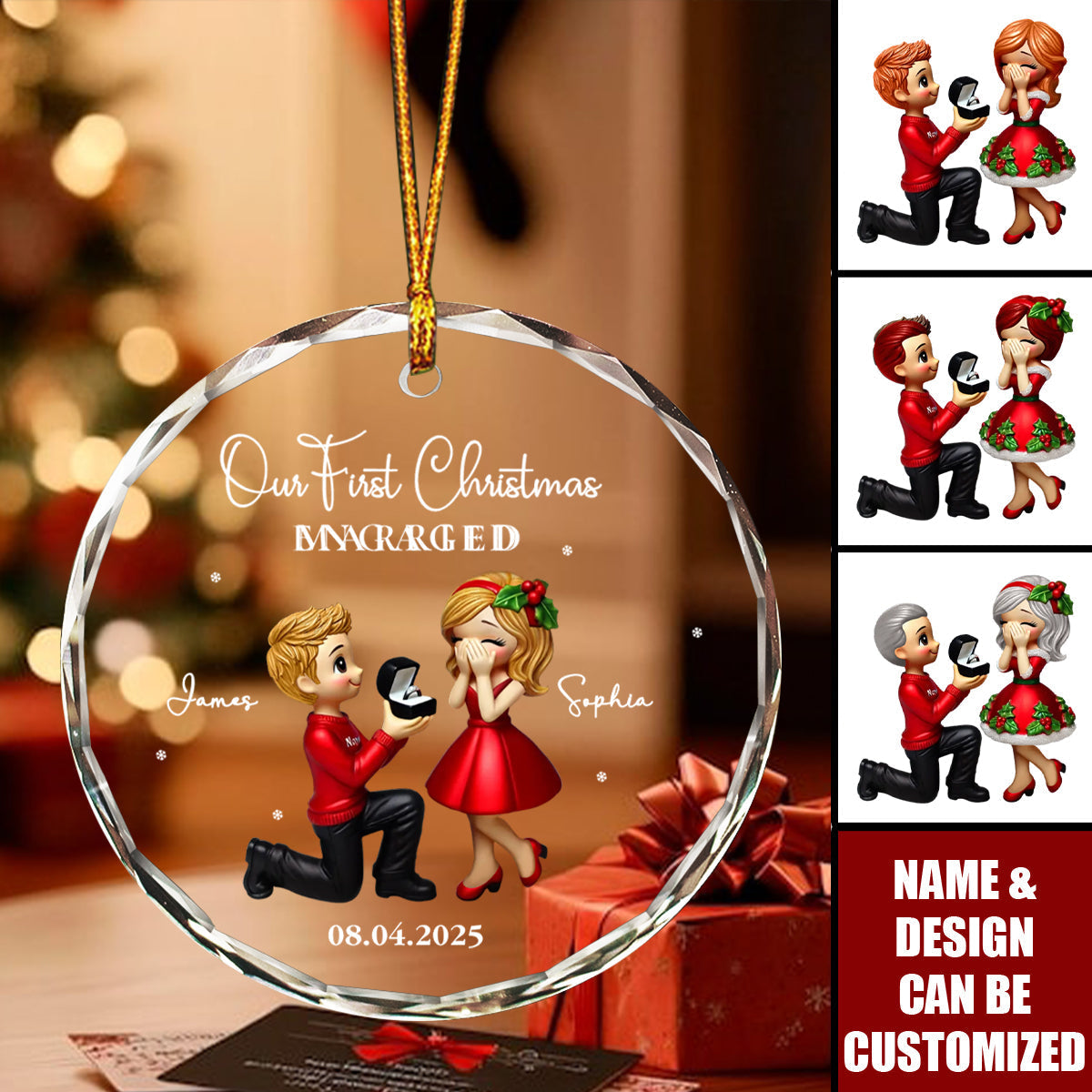 Customizable ‘Our First Christmas Engaged’ Ornament - Personalize Names & Date