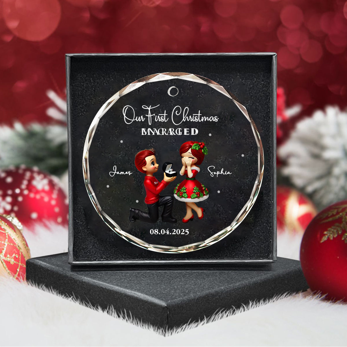 Customizable ‘Our First Christmas Engaged’ Ornament - Personalize Names & Date