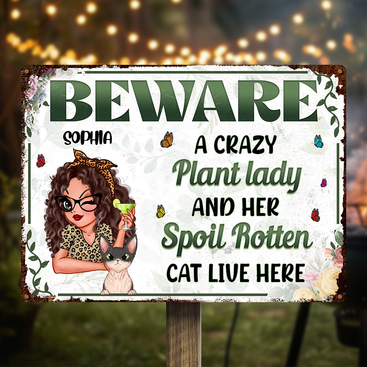Beware Of The Crazy Plant Lady And Her Spoil Rotten Cat - Personalized Classic Metal Signs