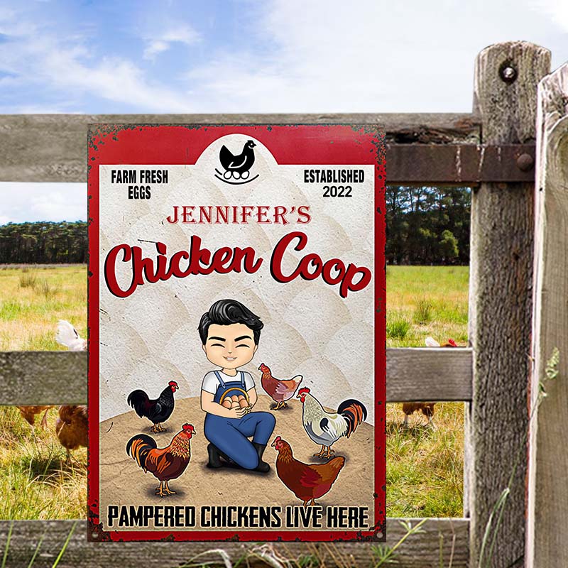 Personalized Chicken Coop Metal Sign: Pampered Chickens Live Here Farm Decor