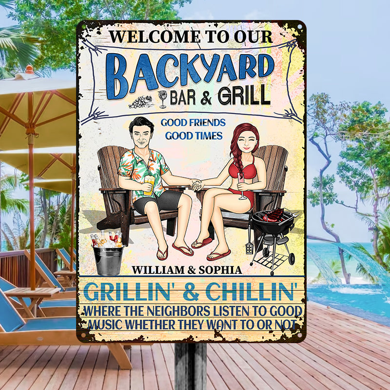 Personalized Couple's Backyard Bar & Grill Metal Sign - Grillin' & Chillin'