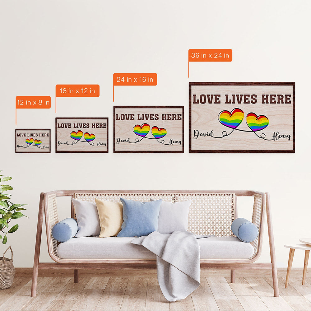 Personalized 'LOVE LIVES HERE' LGBTQ+ Couple Canvas Print - Custom Names