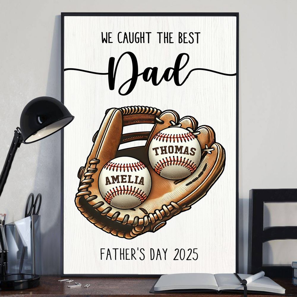 Personalized "We Caught The Best Dad" Baseball Canvas with Custom Names.