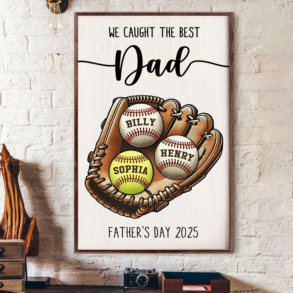 Personalized "We Caught The Best Dad" Baseball Canvas with Custom Names.