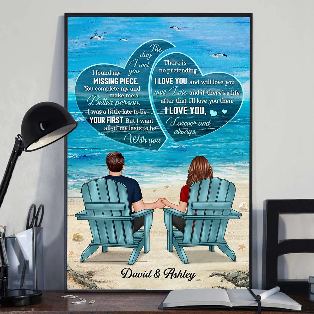Personalized Couple Canvas: 'Missing Piece, I Love You Forever' Beach Art Gift