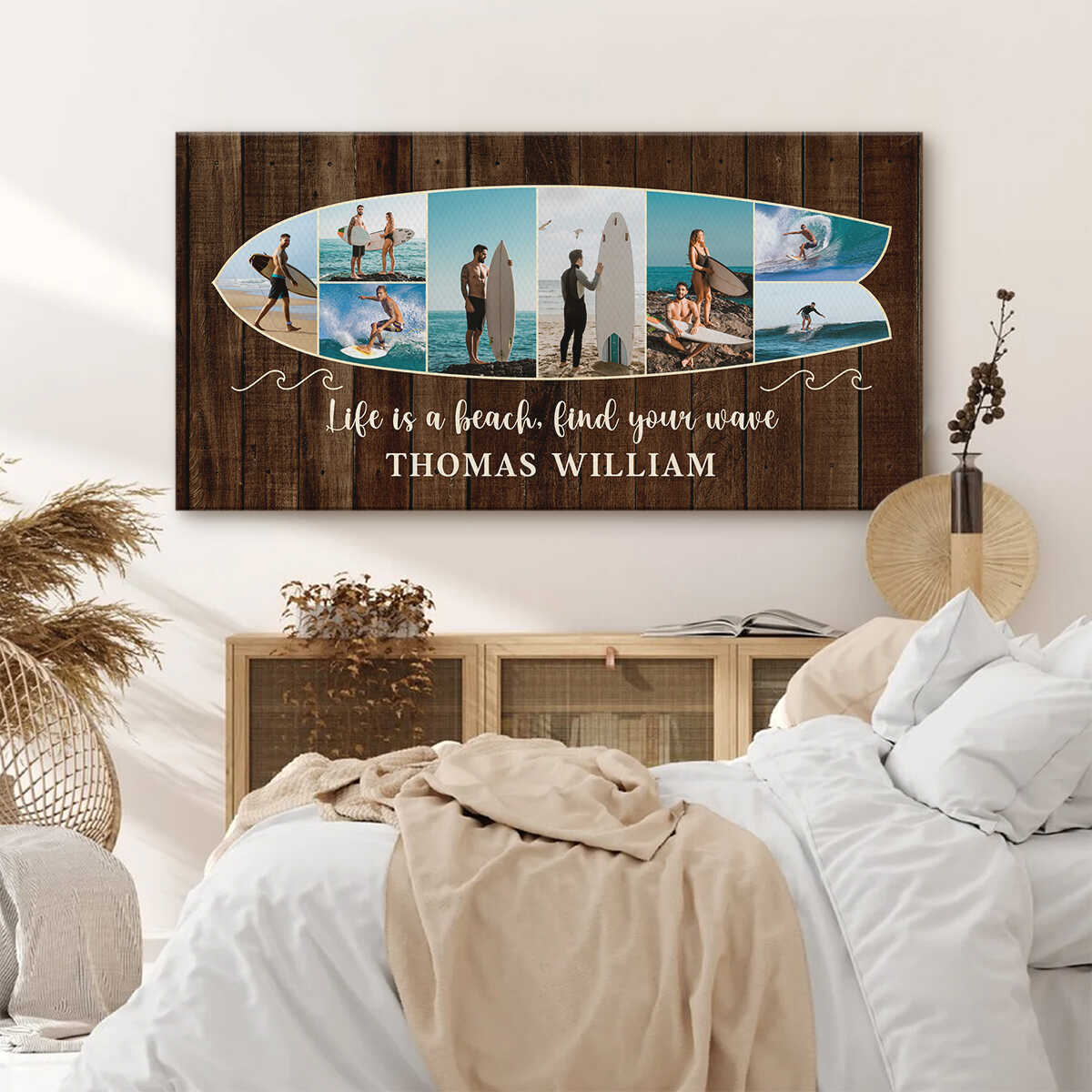 Personalized Surfboard Photo Canvas: 'Life is a Beach, Find Your Wave' Wall Art