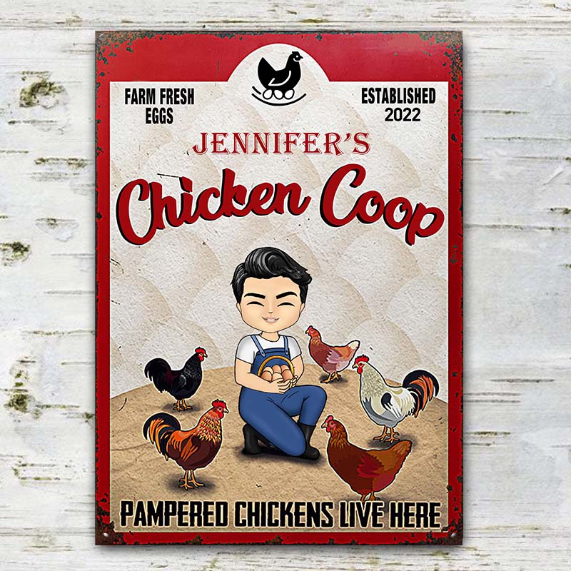 Personalized Chicken Coop Metal Sign: Pampered Chickens Live Here Farm Decor